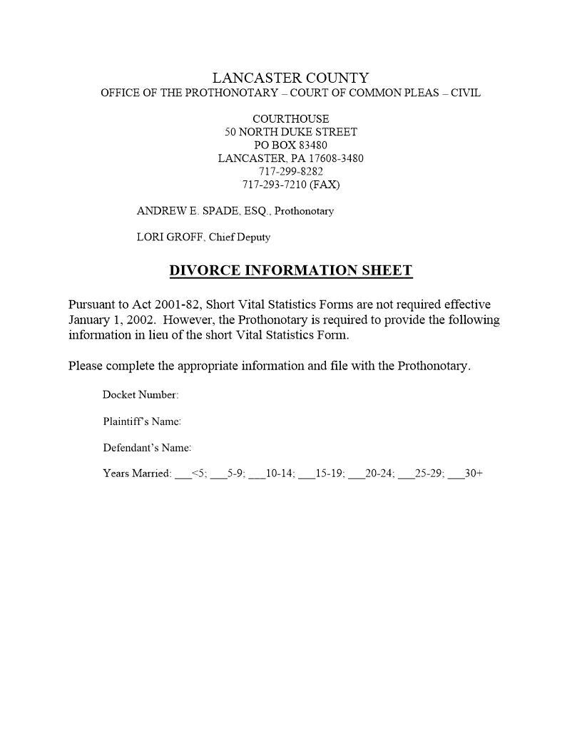 Divorce Information Sheet | Pdf Fpdf Docx | Pennsylvania