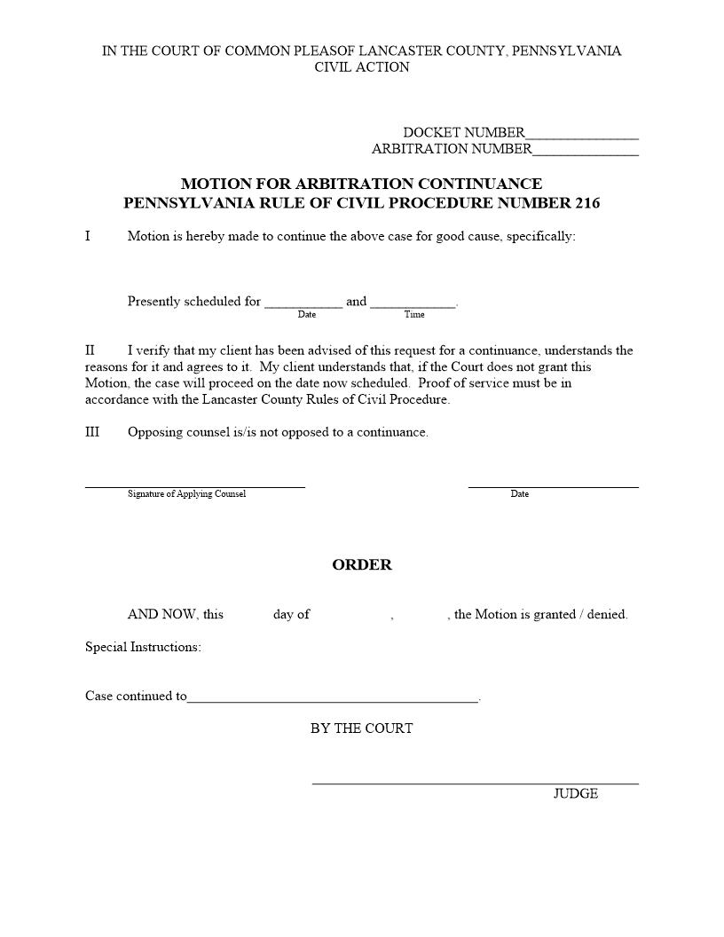 Motion For Arbitration Continuance | Pdf Fpdf Docx | Pennsylvania