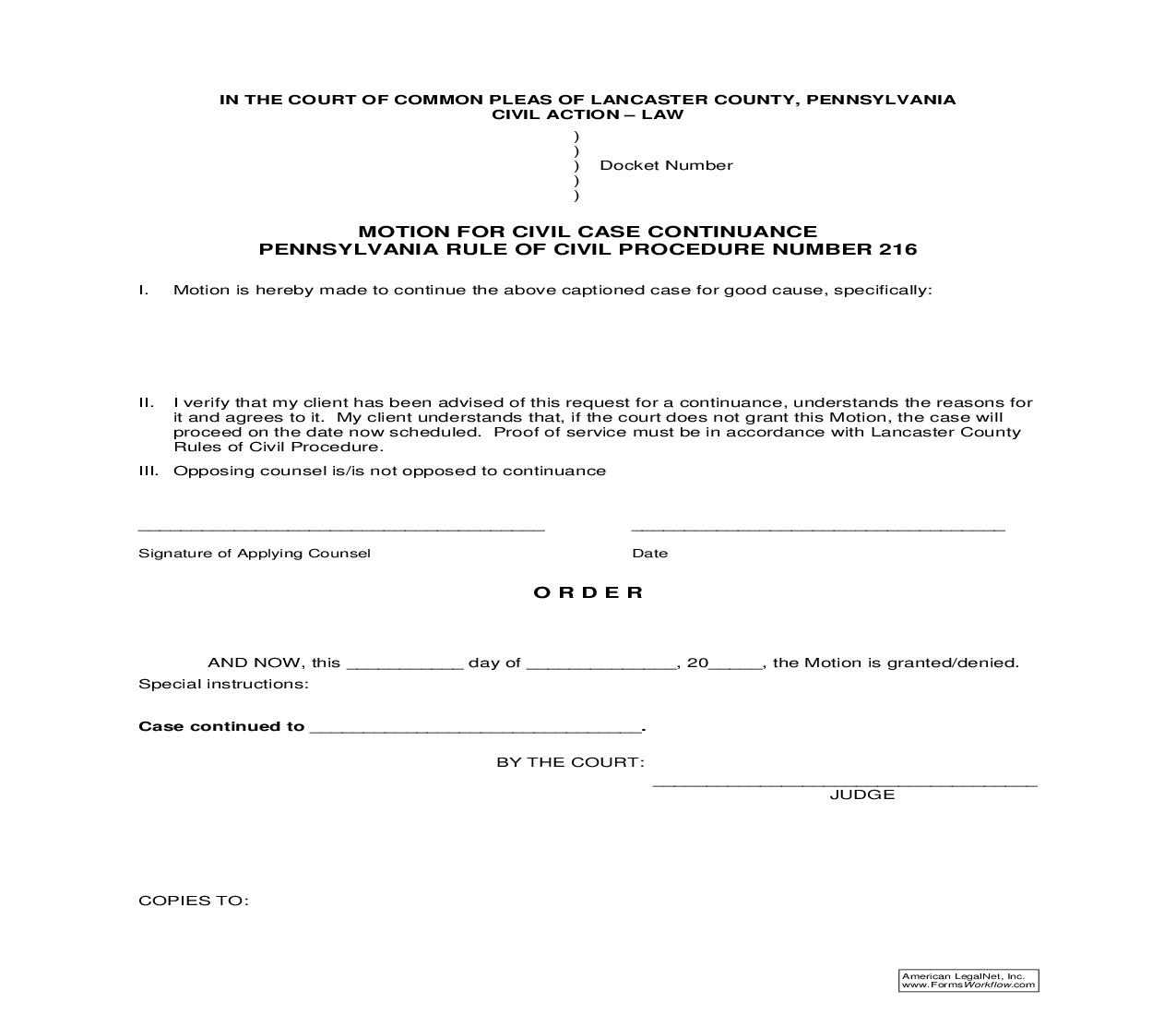Motion For Civil Case Continuance | Pdf Fpdf Doc Docx | Pennsylvania