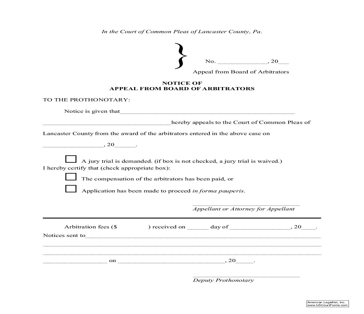 Notice Of Appeal From Board Of Arbitrators | Pdf Fpdf Doc Docx | Pennsylvania