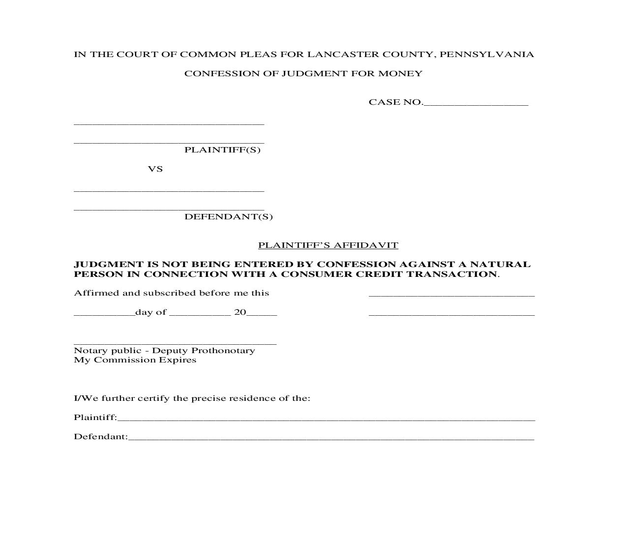 Plaintiffs Affidavit (Confession Of Judgment) | Pdf Fpdf Doc Docx | Pennsylvania