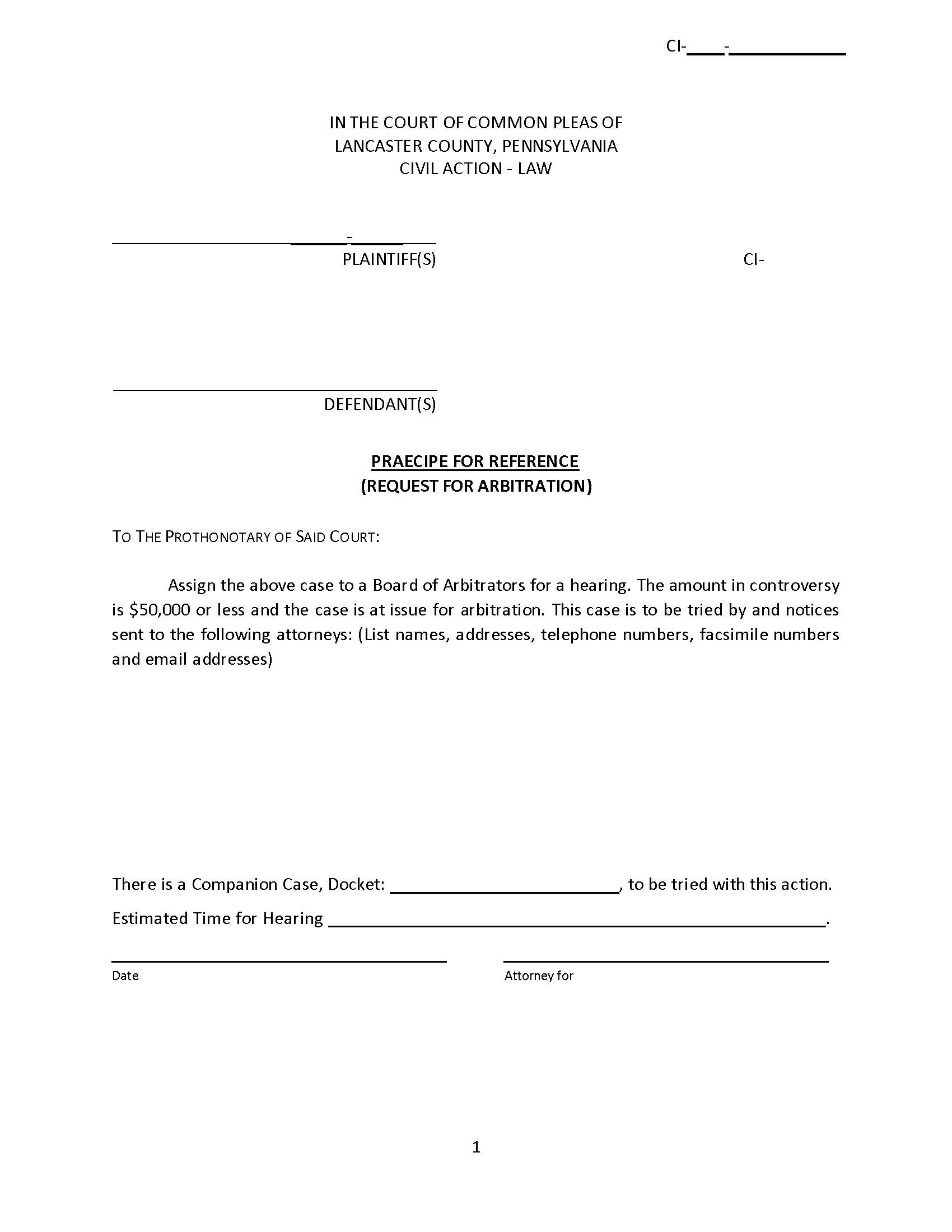 Praecipe For Reference (Request For Arbitration) | Pdf Fpdf Docx | Pennsylvania