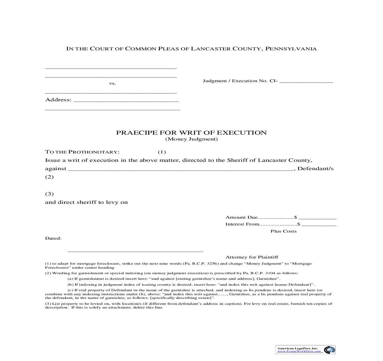 Praecipe For Writ Of Execution Money Judgment | Pdf Fpdf Doc Docx | Pennsylvania