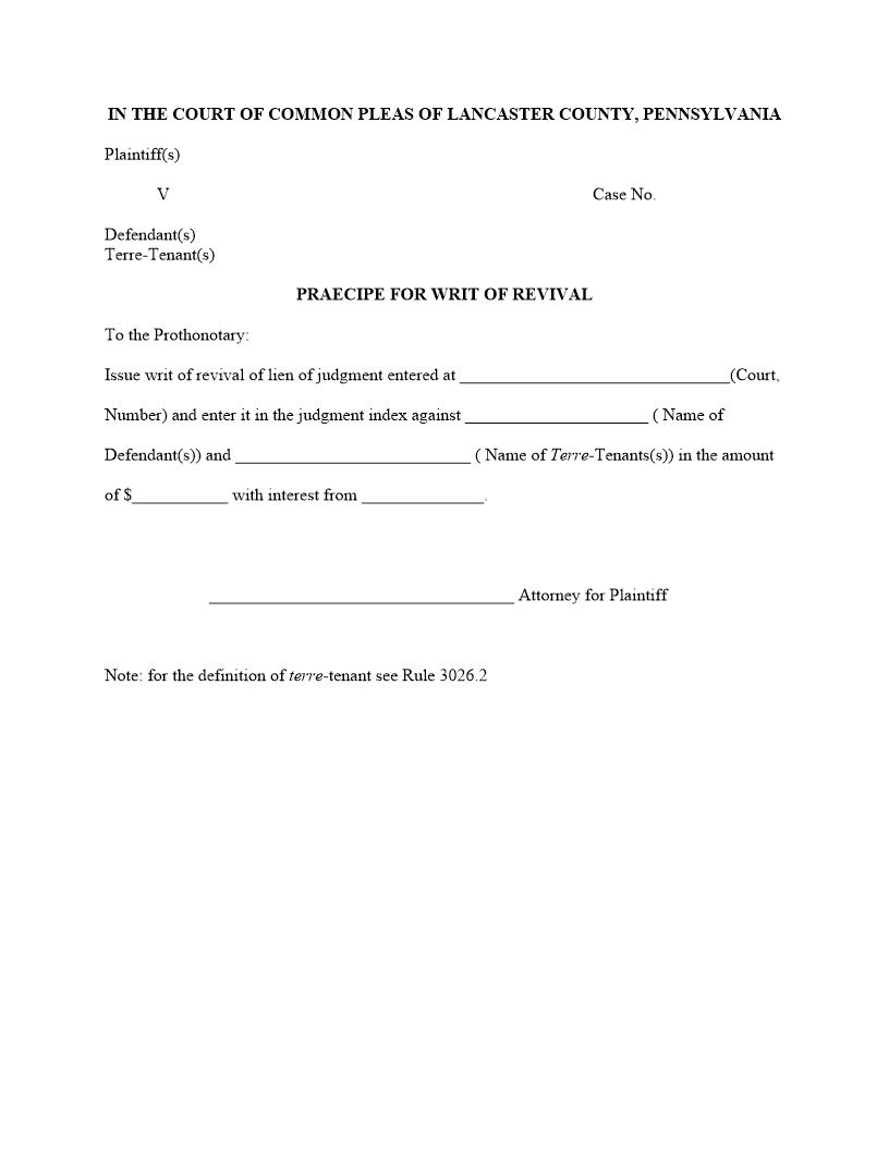 Praecipe For Writ Of Revival | Pdf Fpdf Doc Docx | Pennsylvania