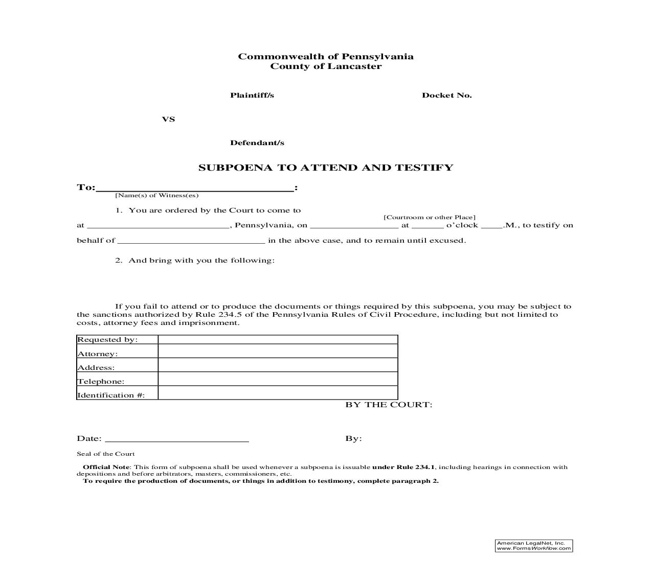 Subpoena To Attend And Testify | Pdf Fpdf Doc Docx | Pennsylvania