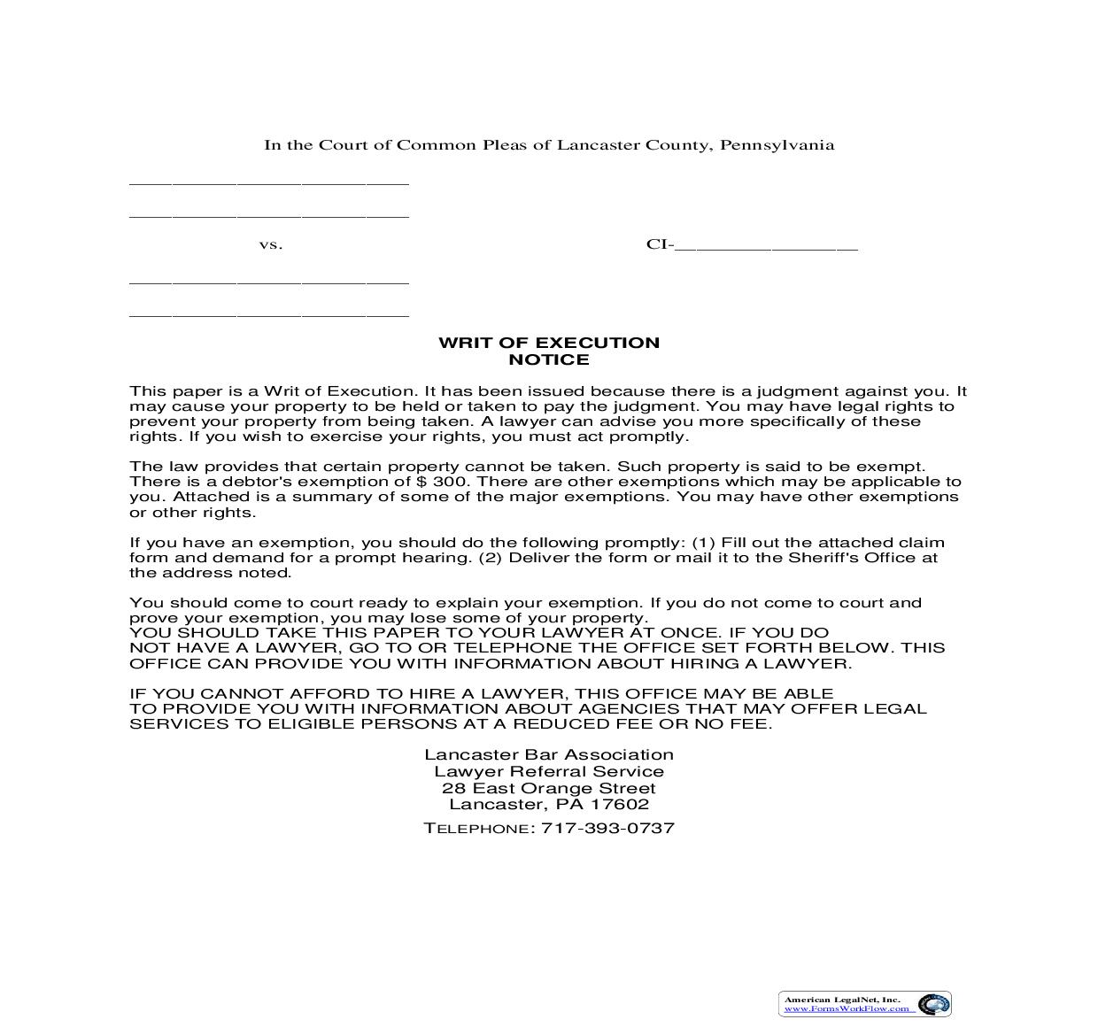 Writ Of Execution Money Judgment | Pdf Fpdf Doc Docx | Pennsylvania