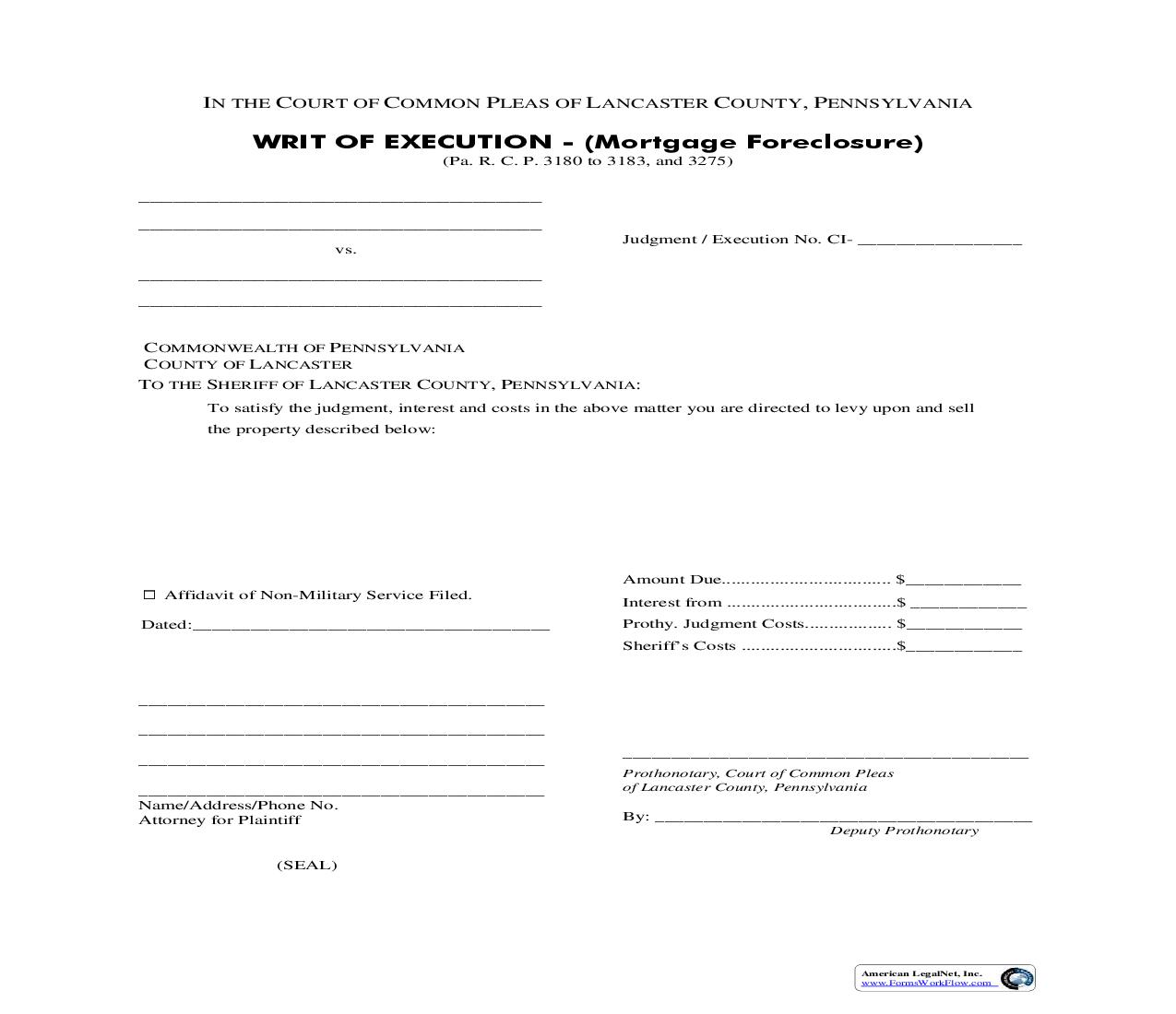 Writ Of Execution Mortgage Foreclosure | Pdf Fpdf Doc Docx | Pennsylvania