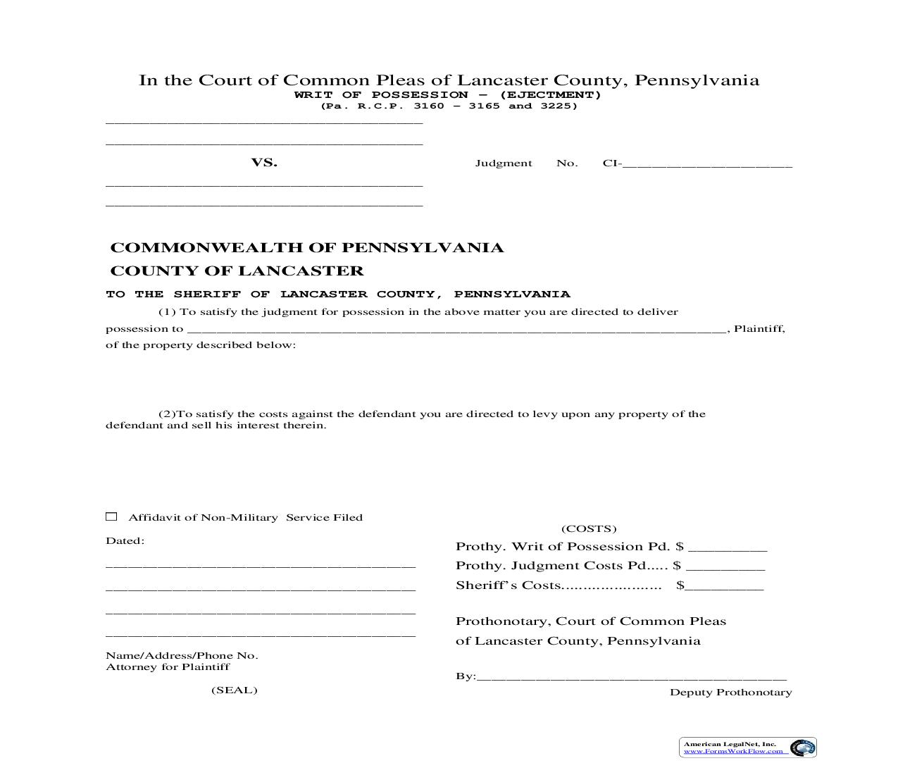 Writ Of Possession Ejectment | Pdf Fpdf Doc Docx | Pennsylvania