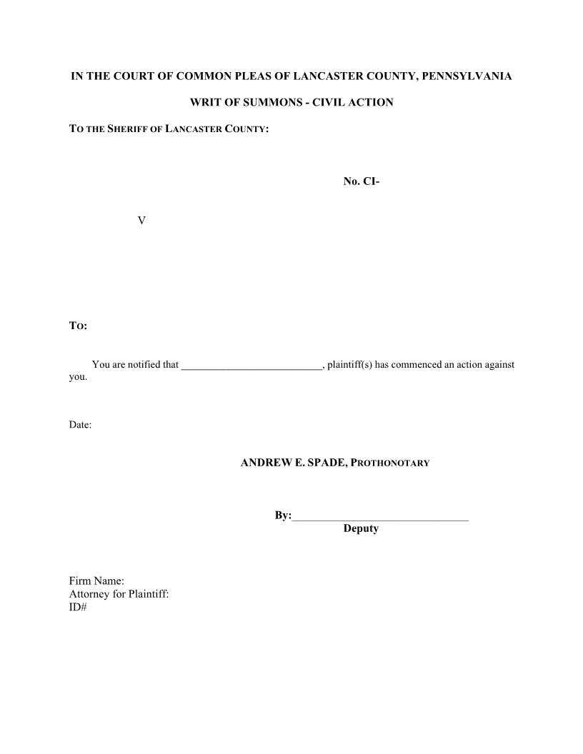 Writ Of Summons-Civil Action | Pdf Fpdf Doc Docx | Pennsylvania