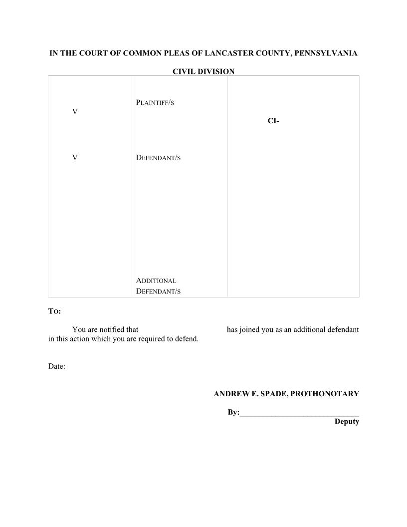 Writ To Join Additional Defendant(s) | Pdf Fpdf Doc Docx | Pennsylvania