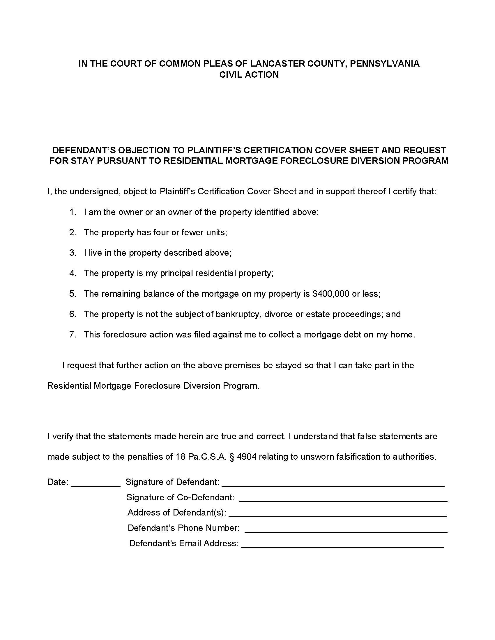 Defendants Objection To Cover Sheet And Request For Stay {Exhibit 6} | Pdf Fpdf Docx | Pennsylvania