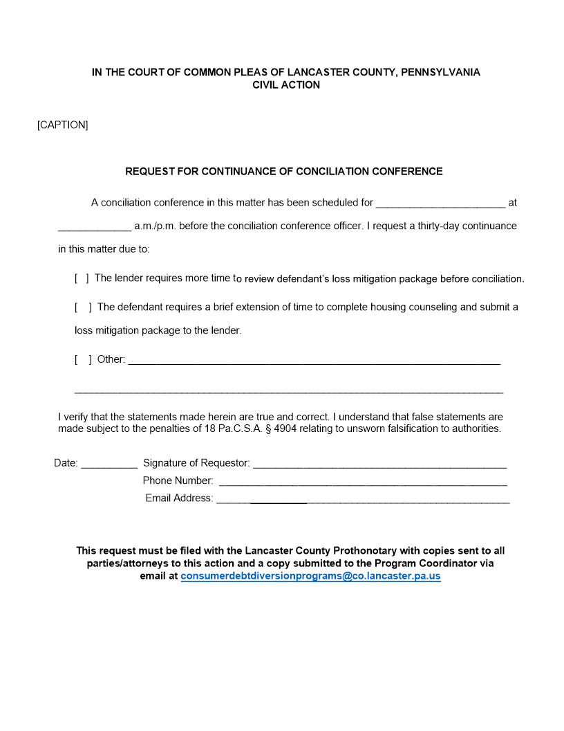 Request For Continuance Of Conciliation Conference {Exhibit 9} | Pdf Fpdf Docx | Pennsylvania