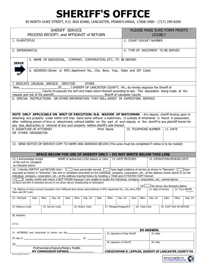 Sheriff Service Process Receipt and Affidavit Of Return | Pdf Fpdf Docx | Pennsylvania
