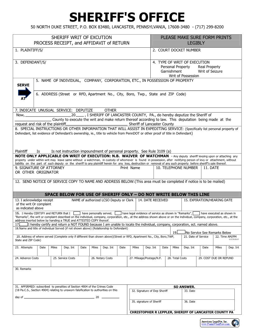 Sheriff Writ Of Execution Process Receipt And Affidavit Of Return | Pdf Fpdf Docx | Pennsylvania