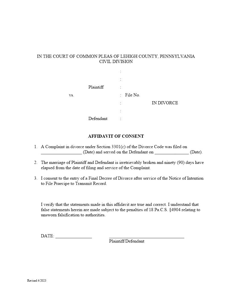 Affidavit Of Consent (Divorce) | Pdf Fpdf Doc Docx | Pennsylvania