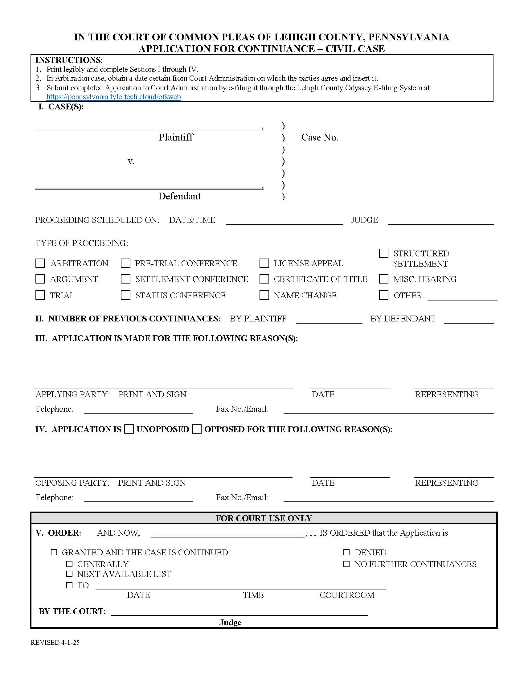 Application For Continuance Civil Cases | Pdf Fpdf Doc Docx | Pennsylvania