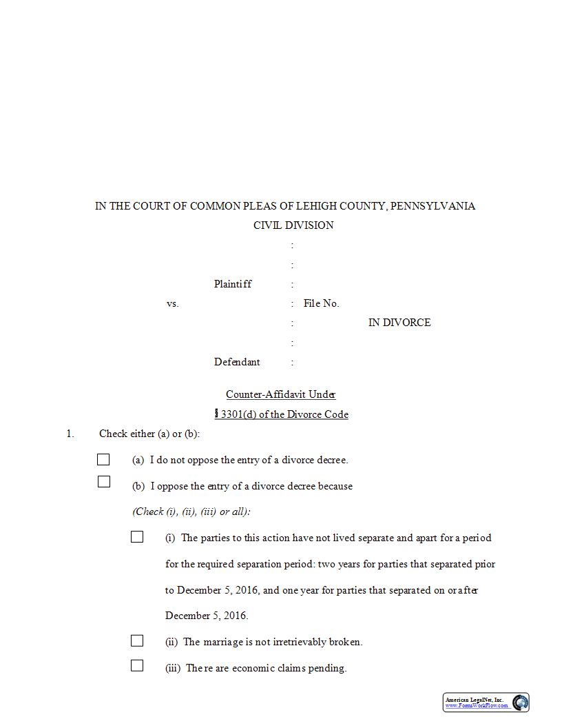 Counter Affidavit Under 3301(d) Of The Divorce Code | Pdf Fpdf Docx | Pennsylvania