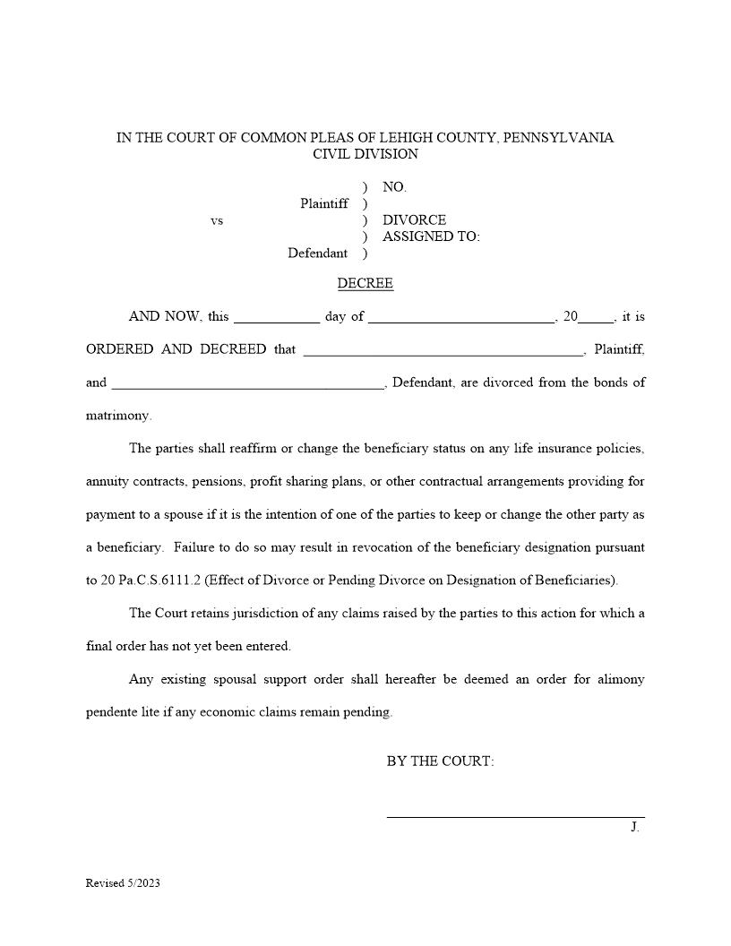 Decree (Divorce) | Pdf Fpdf Doc Docx | Pennsylvania