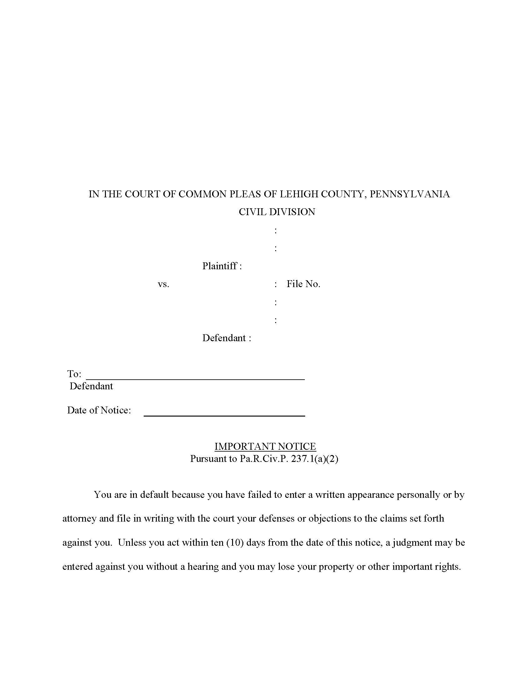 Important Notice Pursuant To Pa RCP 237.1(a)(2) (Default Judgment) | Pdf Fpdf Doc Docx | Pennsylvania
