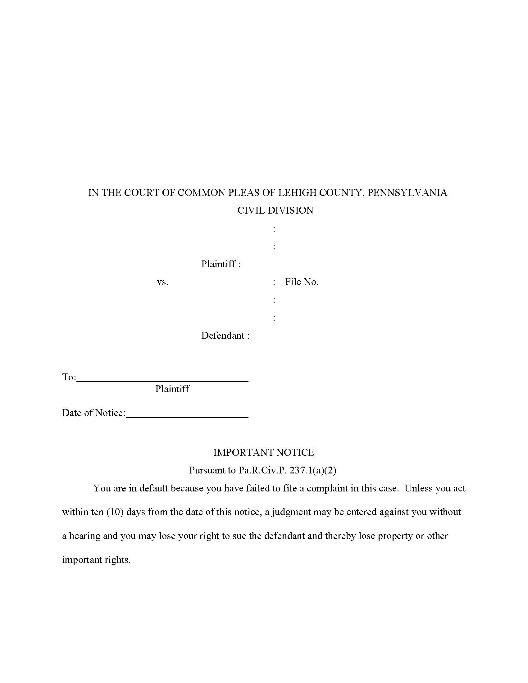Important Notice Pursuant To Pa RCP 237.1(a)(2) (Judgment Of Non Pros) | Pdf Fpdf Doc Docx | Pennsylvania