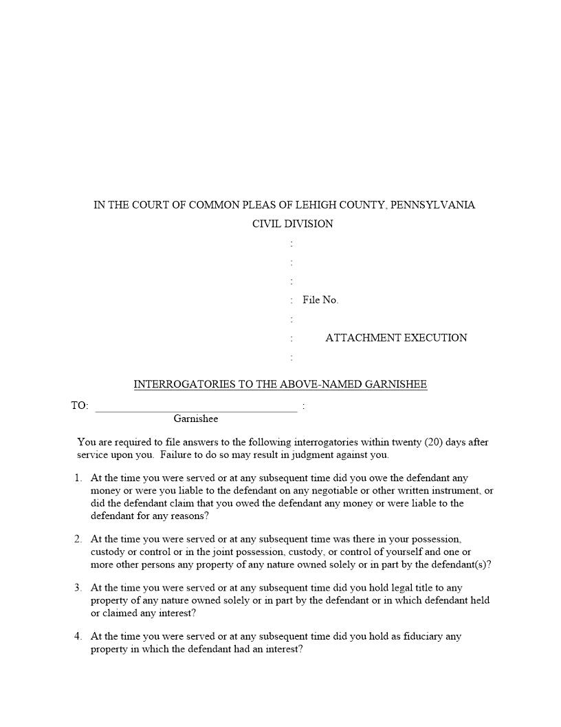 Interrogatories (For Garnishee) | Pdf Fpdf Doc Docx | Pennsylvania