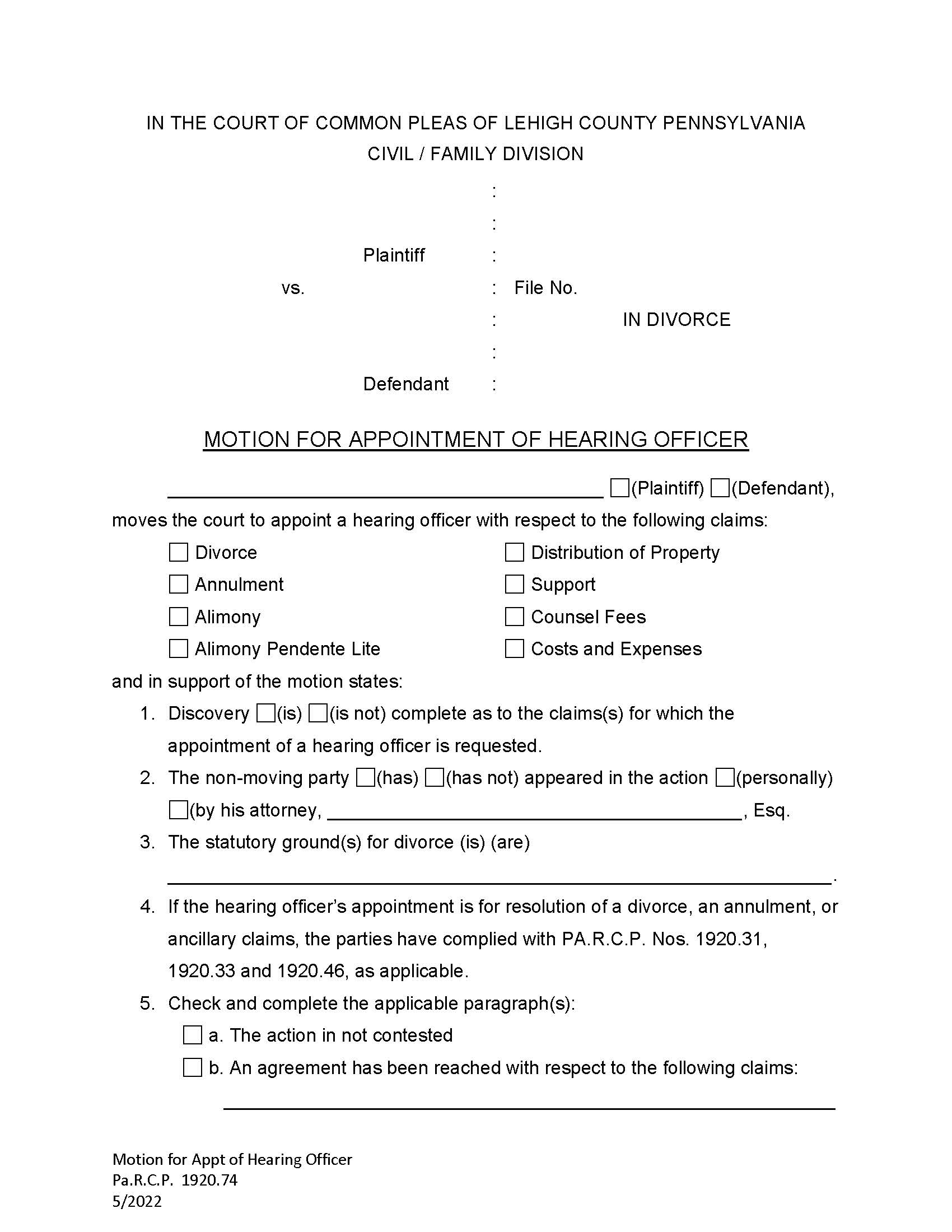 Motion For Appointment Of Hearing Officer (Divorce) | Pdf Fpdf Doc Docx | Pennsylvania