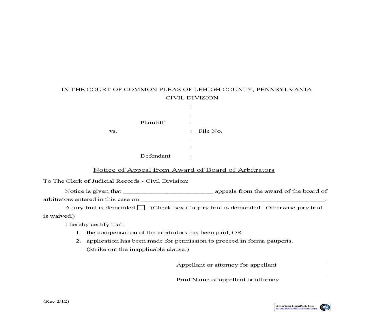 Notice Of Appeal From Award Of Board Of Arbitrators | Pdf Fpdf Doc Docx | Pennsylvania