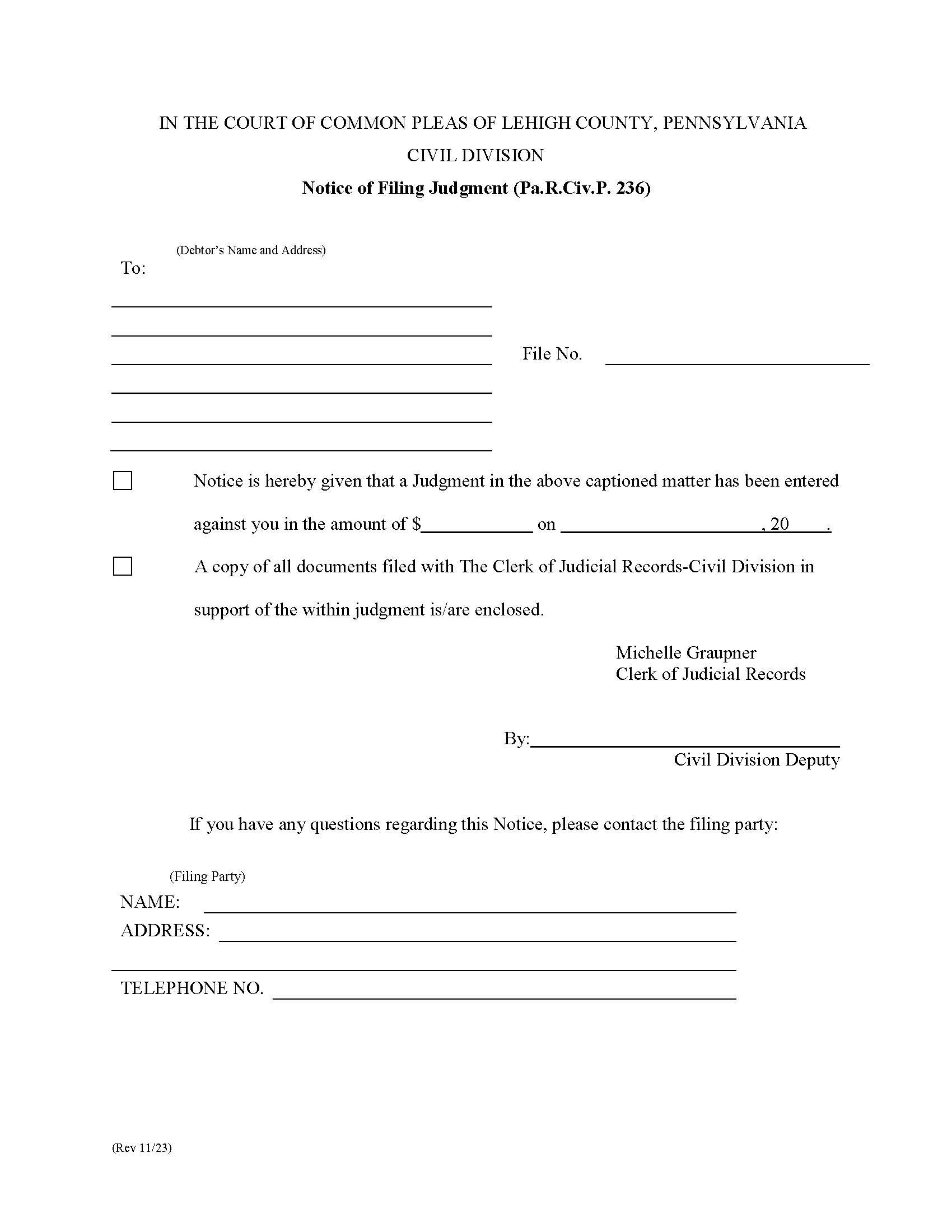 Notice Of Filing Judgment | Pdf Fpdf Doc Docx | Pennsylvania