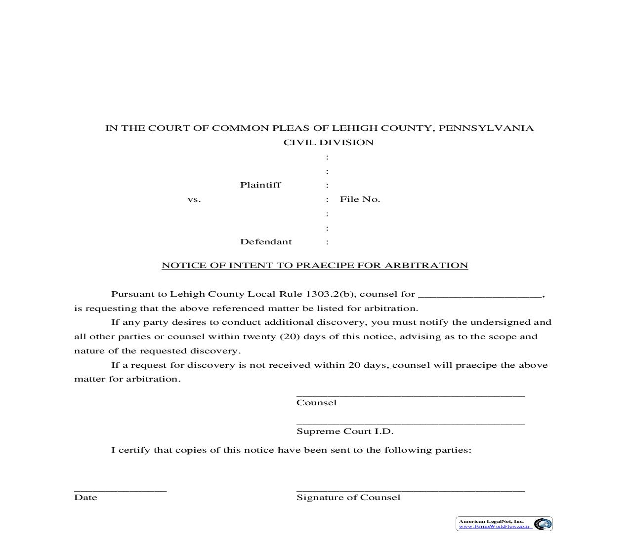 Notice Of Intent To Praecipe For Arbitration | Pdf Fpdf Doc Docx | Pennsylvania