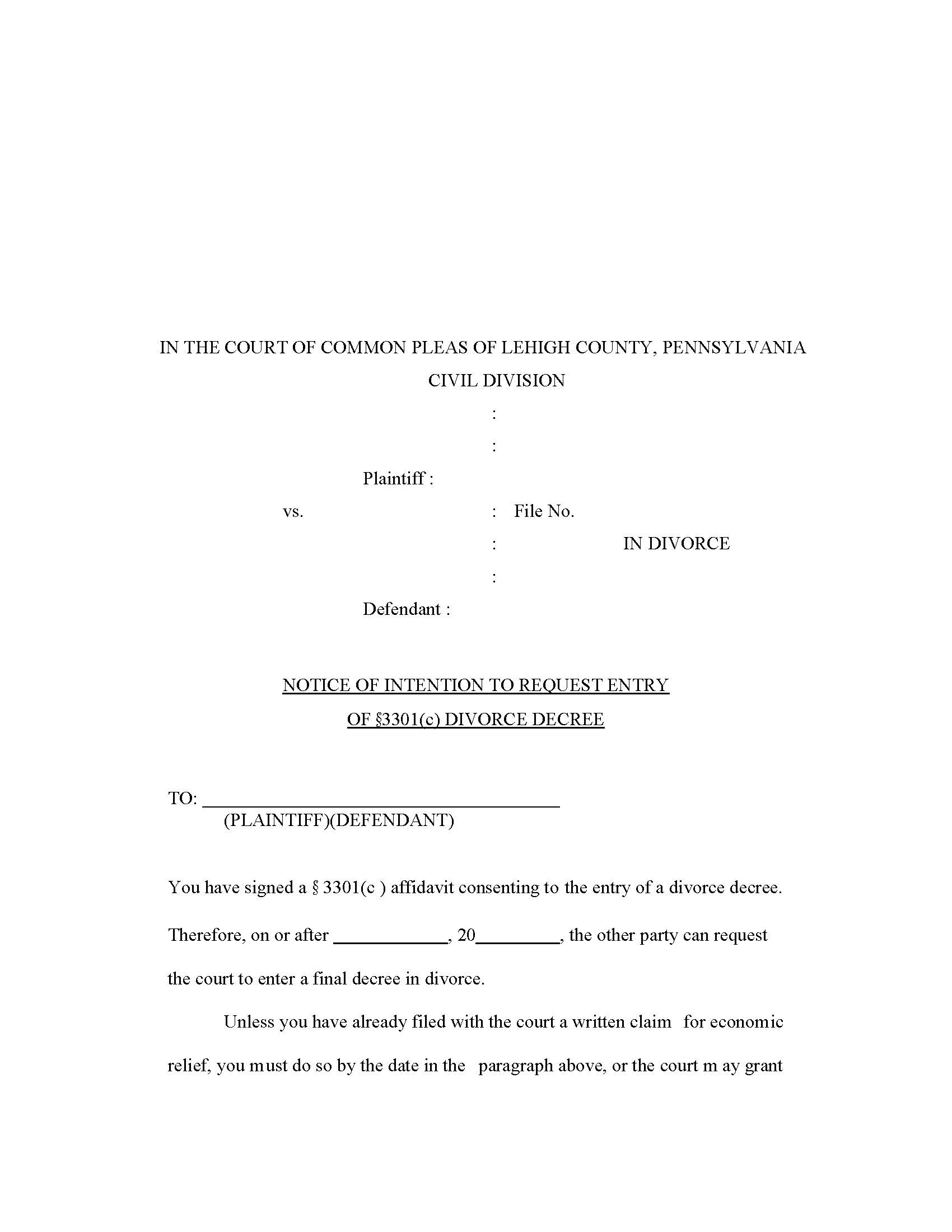 Notice Of Intention To Request Entry Of 3301(c)  Divorce Decree | Pdf Fpdf Doc Docx | Pennsylvania