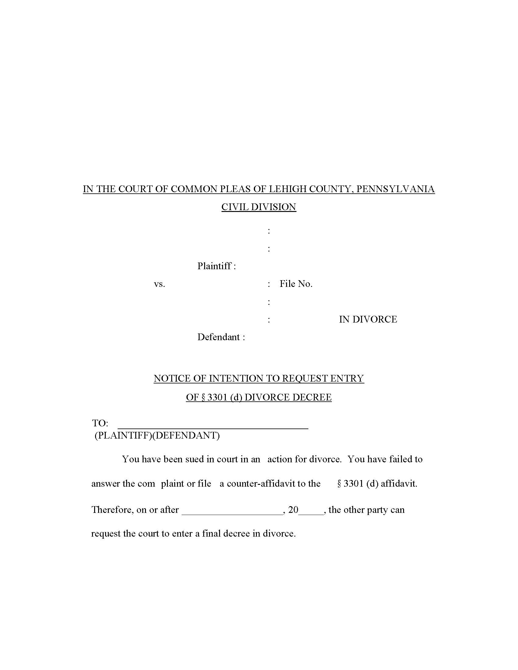 Notice Of Intention To Request Entry Of 3301(d) Divorce Decree | Pdf Fpdf Doc Docx | Pennsylvania