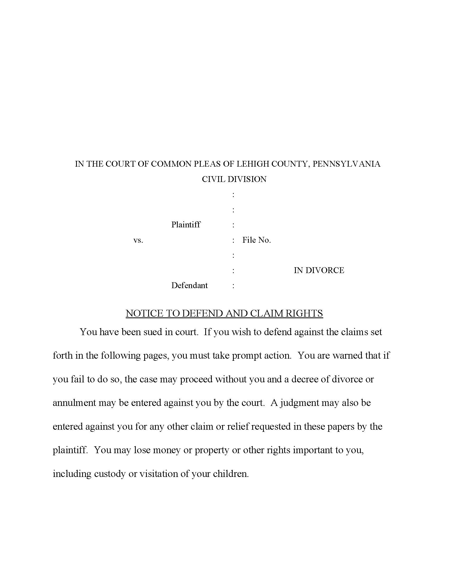 Notice To Defend And Claim Rights (Divorce) | Pdf Fpdf Docx | Pennsylvania