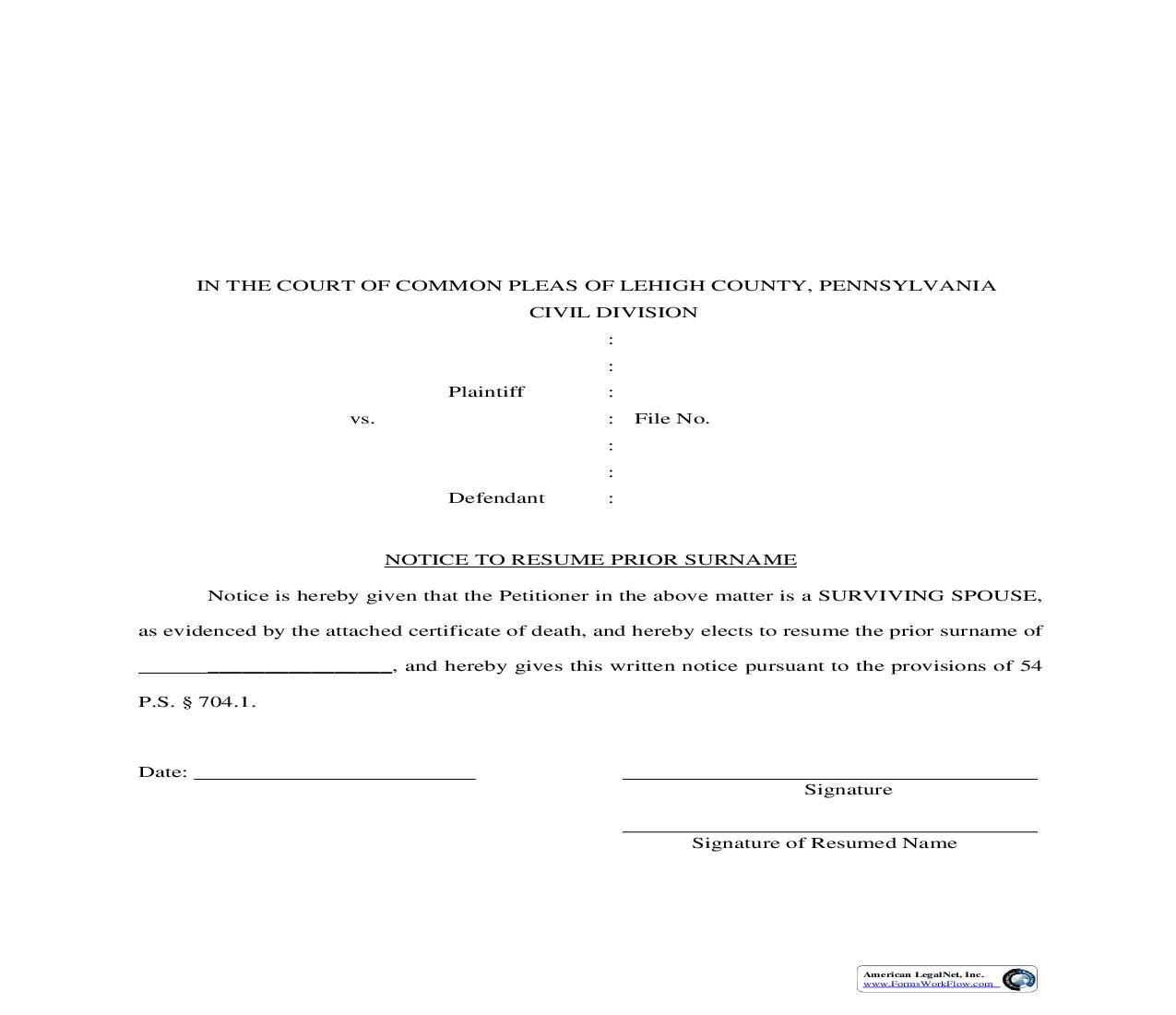 Notice To Resume Prior Surname | Pdf Fpdf Doc Docx | Pennsylvania