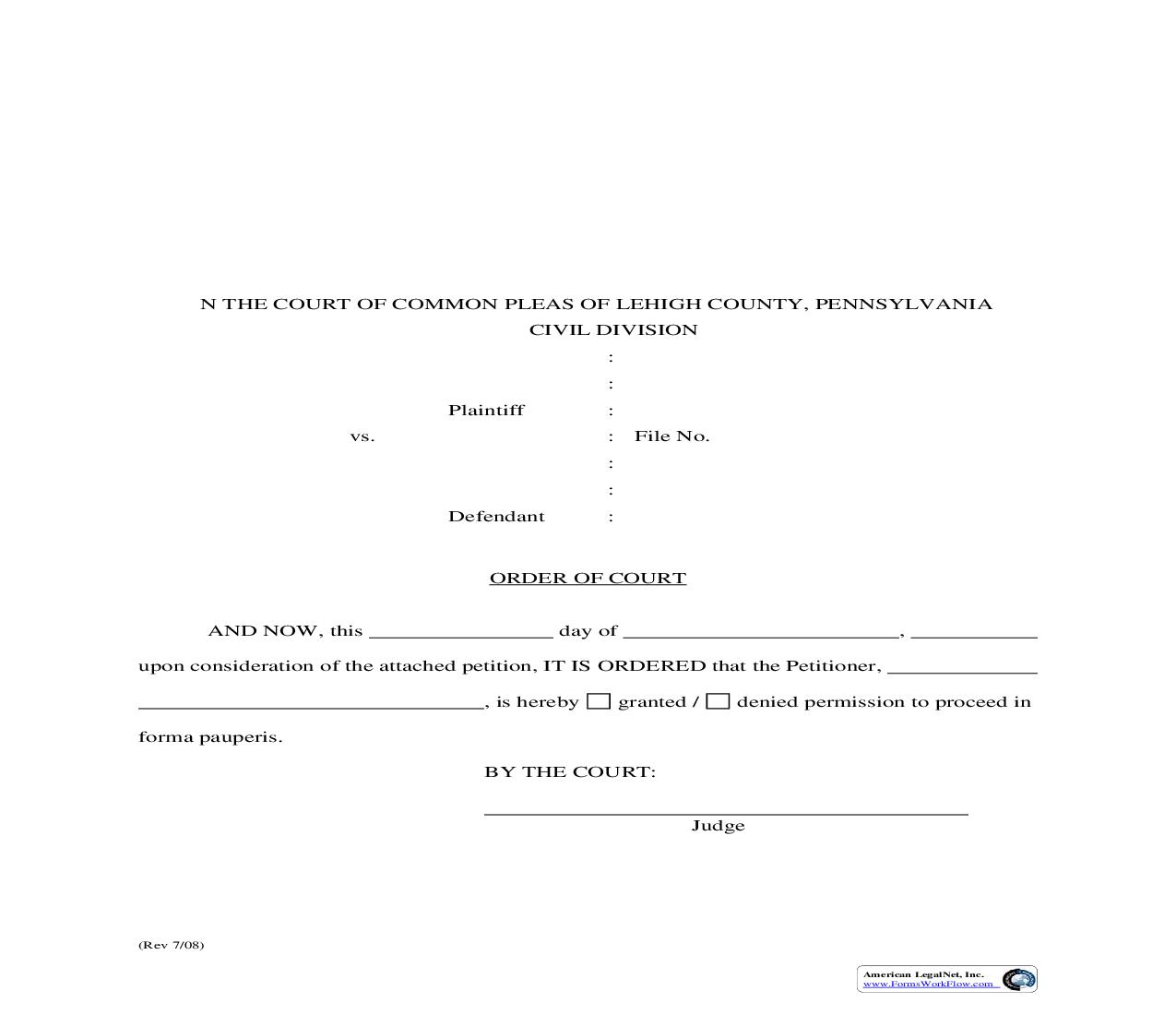 Order Of Court (To Proceed In Forma Pauperis) | Pdf Fpdf Doc Docx | Pennsylvania
