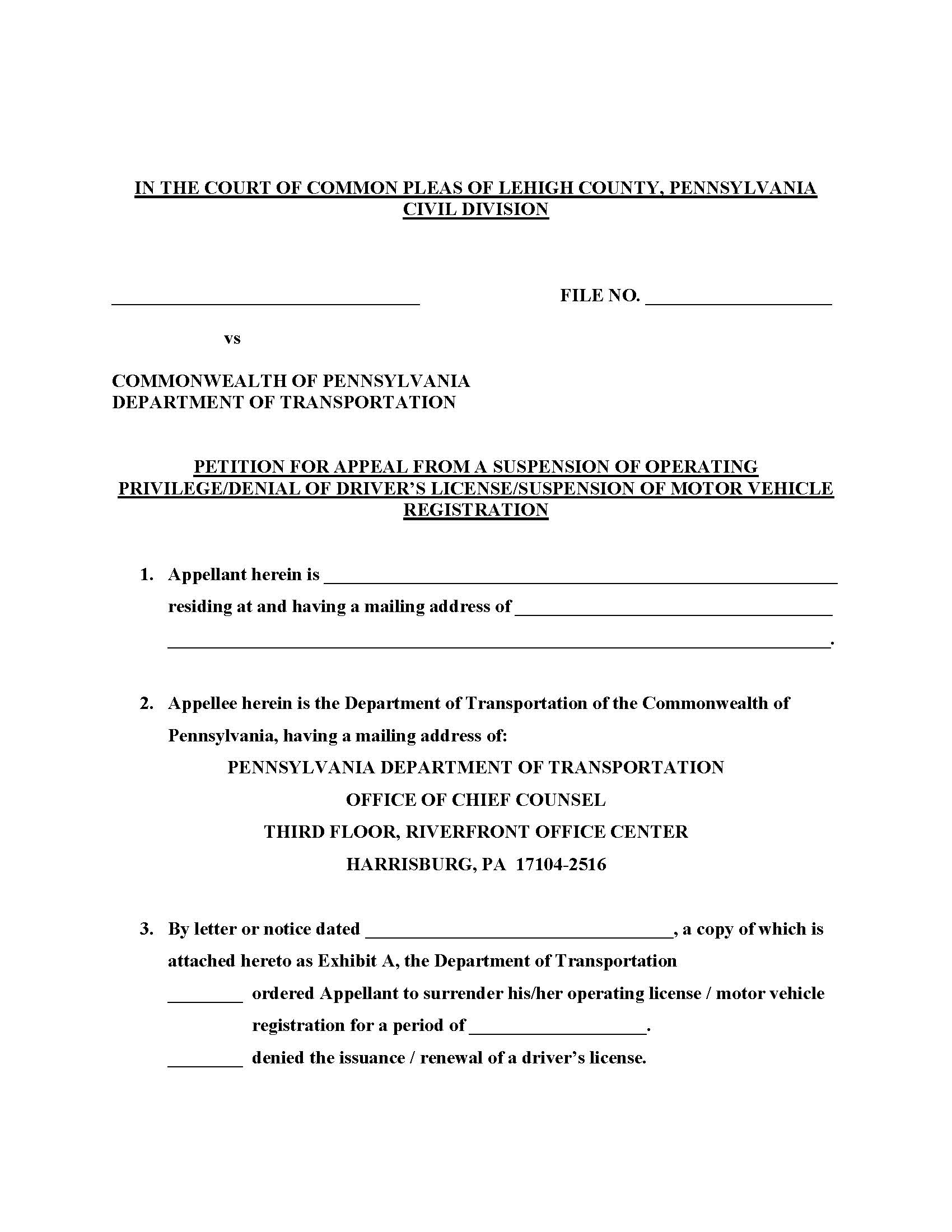Petition For Appeal From A Suspension Of Operating Privilege-Denial Of Drivers License-Suspension Of Motor Vehicle Registration | Pdf Fpdf Doc Docx | Pennsylvania