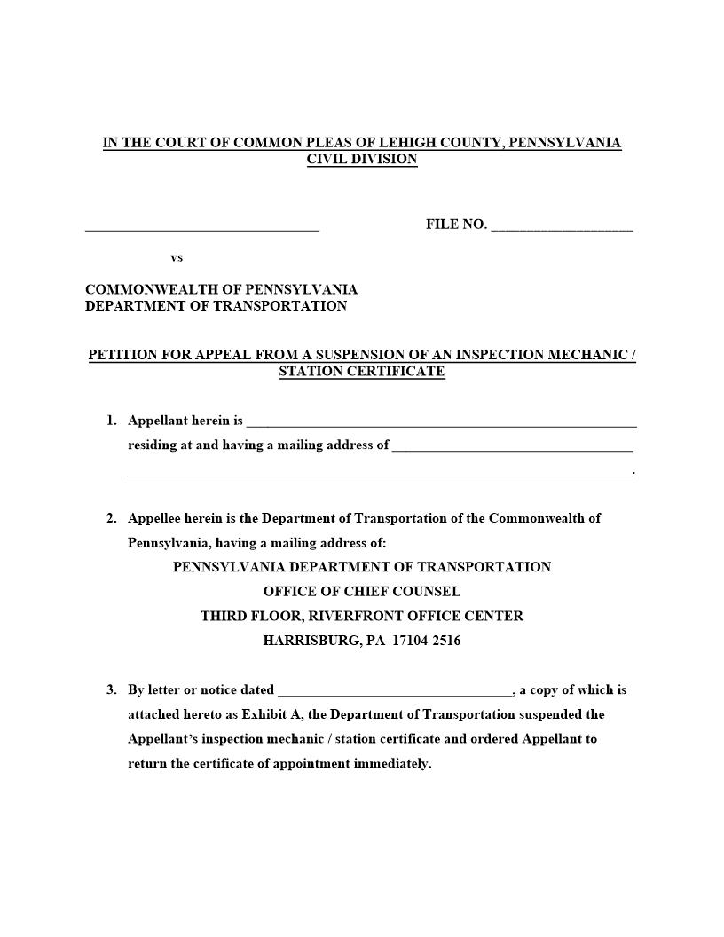 Petition For Appeal From Suspension Of An Inspection Mechanic-Station Certificate | Pdf Fpdf Doc Docx | Pennsylvania