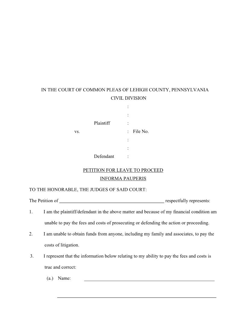 Petition For Leave To Proceed In Forma Pauperis | Pdf Fpdf Doc Docx | Pennsylvania