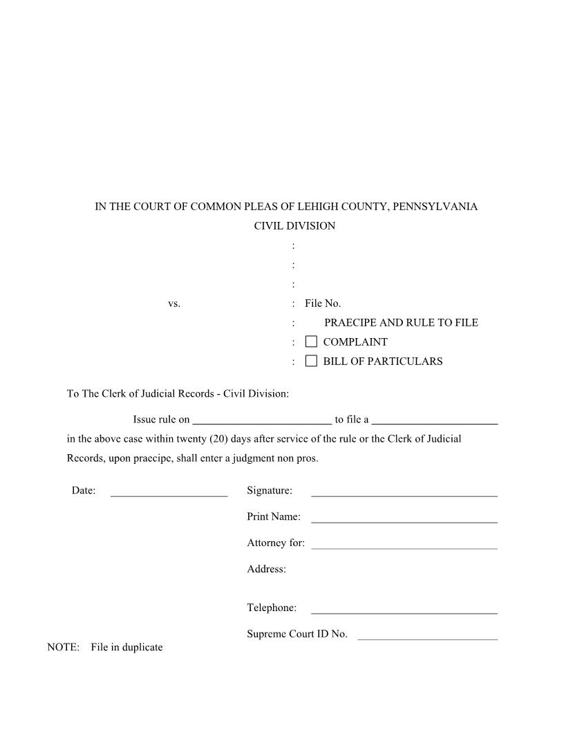Praecipe And Rule To File Complaint Or Bill Of Particulars | Pdf Fpdf Doc Docx | Pennsylvania