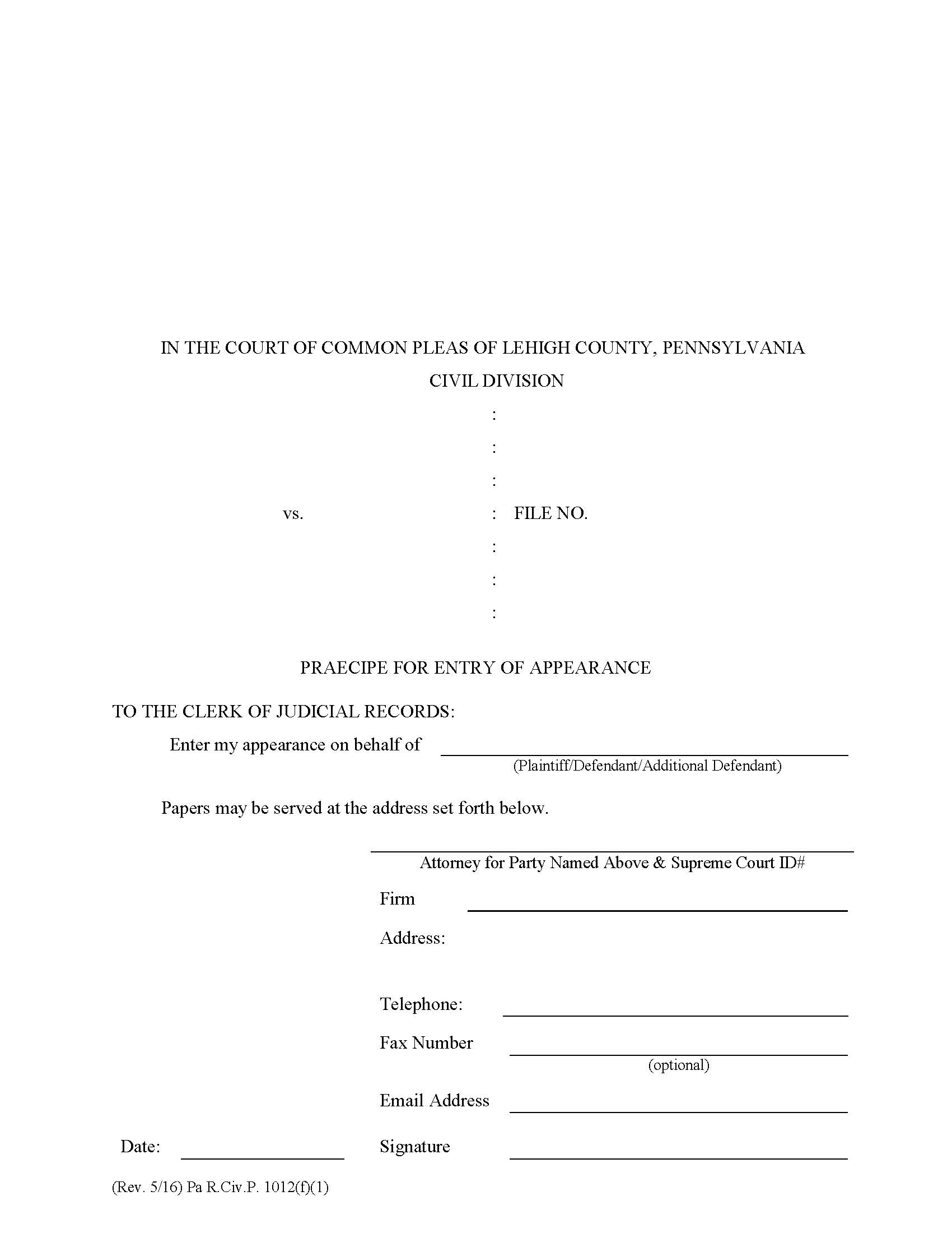 Praecipe For Entry Of Appearance | Pdf Fpdf Doc Docx | Pennsylvania