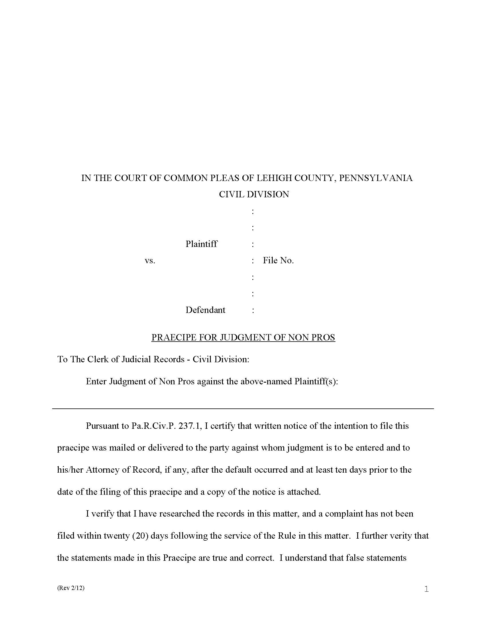 Praecipe For Judgment Of Non Pros | Pdf Fpdf Doc Docx | Pennsylvania