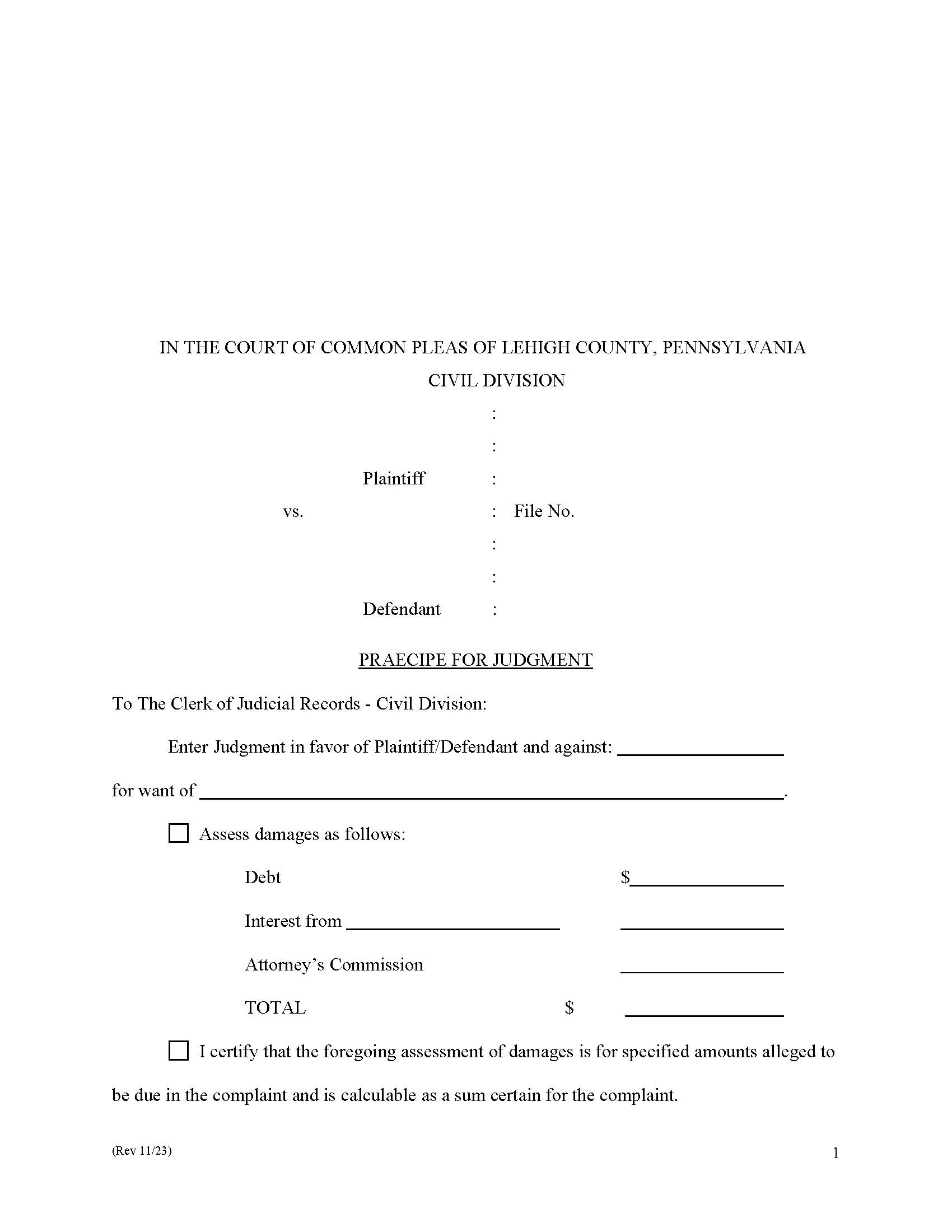 Praecipe For Judgment | Pdf Fpdf Doc Docx | Pennsylvania