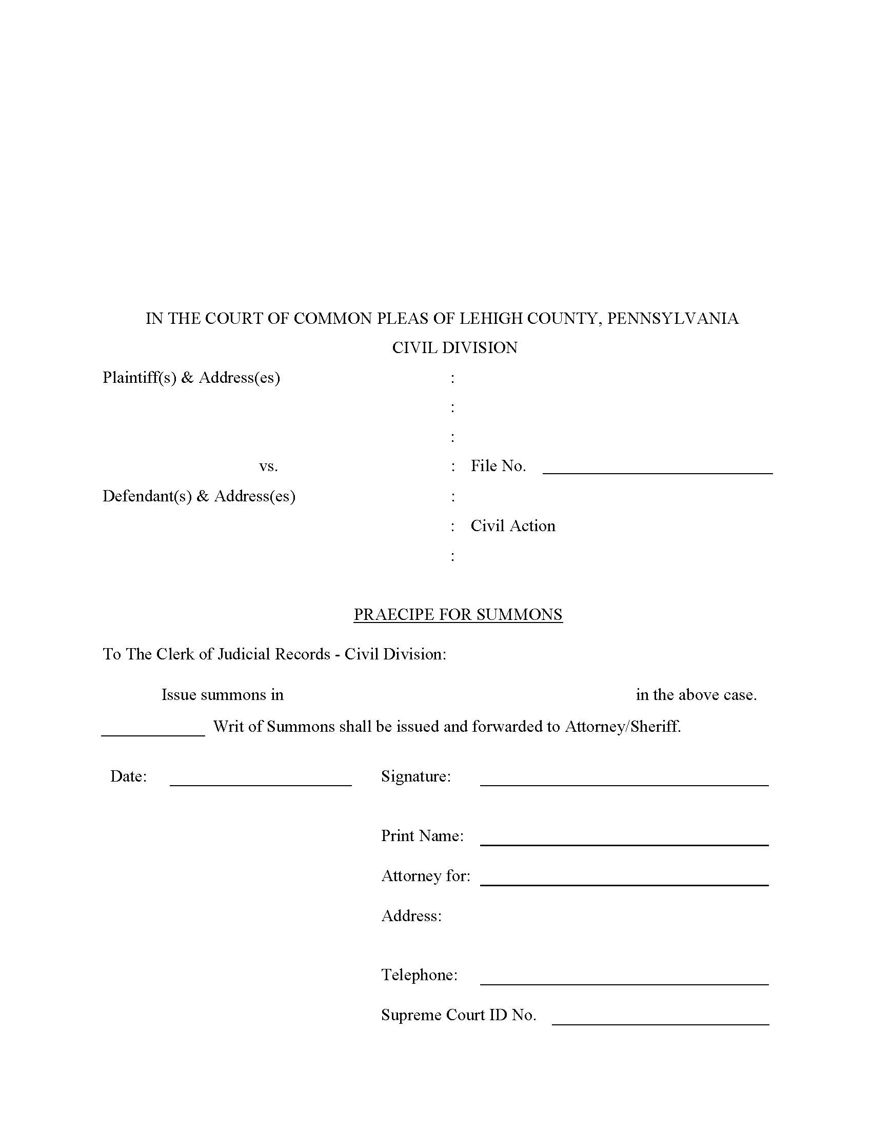 Praecipe For Summons | Pdf Fpdf Doc Docx | Pennsylvania