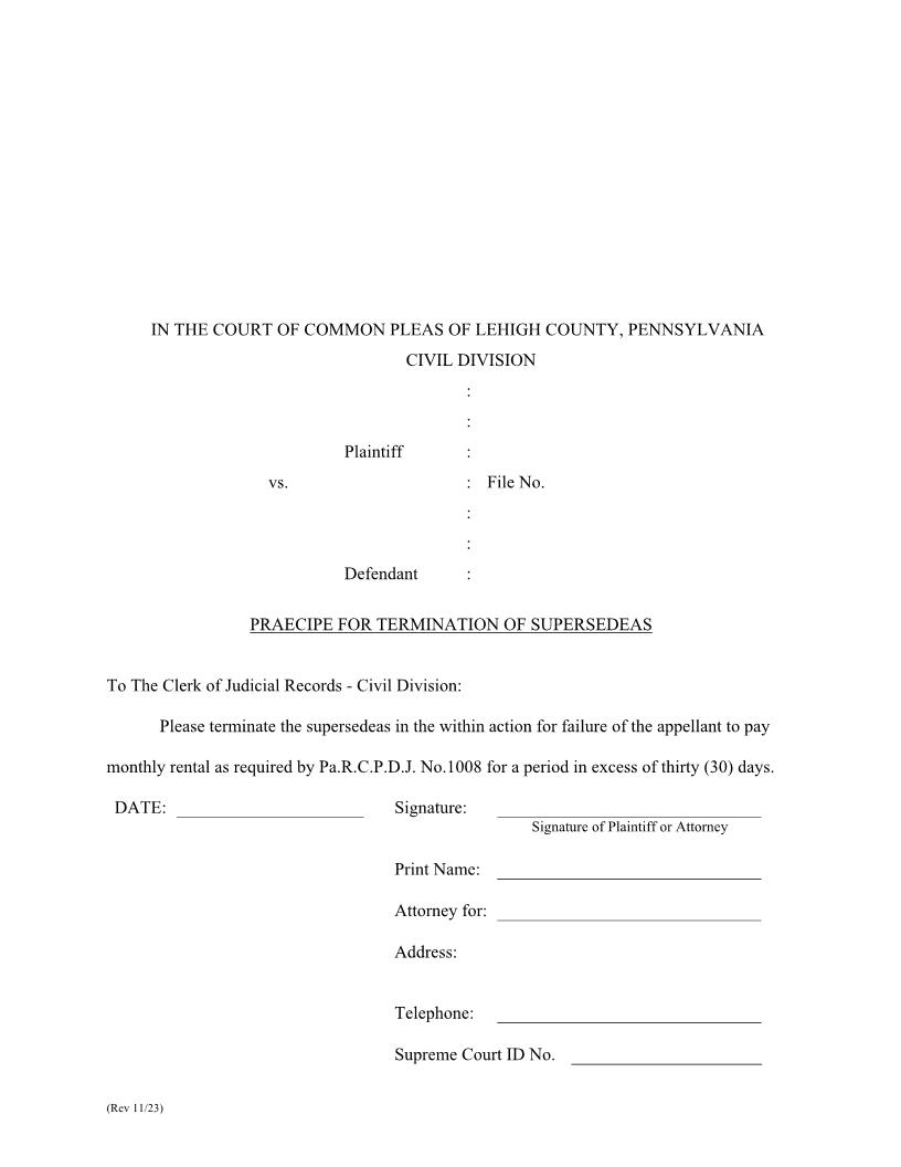 Praecipe For Terminate Of Supersedeas-Rule 1008 | Pdf Fpdf Doc Docx | Pennsylvania