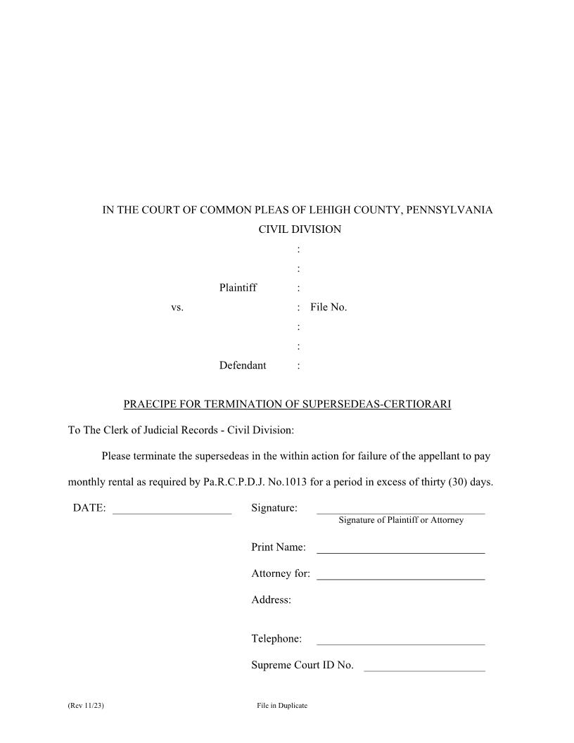 Praecipe For Termination Of Supersedeas-Certiorari | Pdf Fpdf Doc Docx | Pennsylvania
