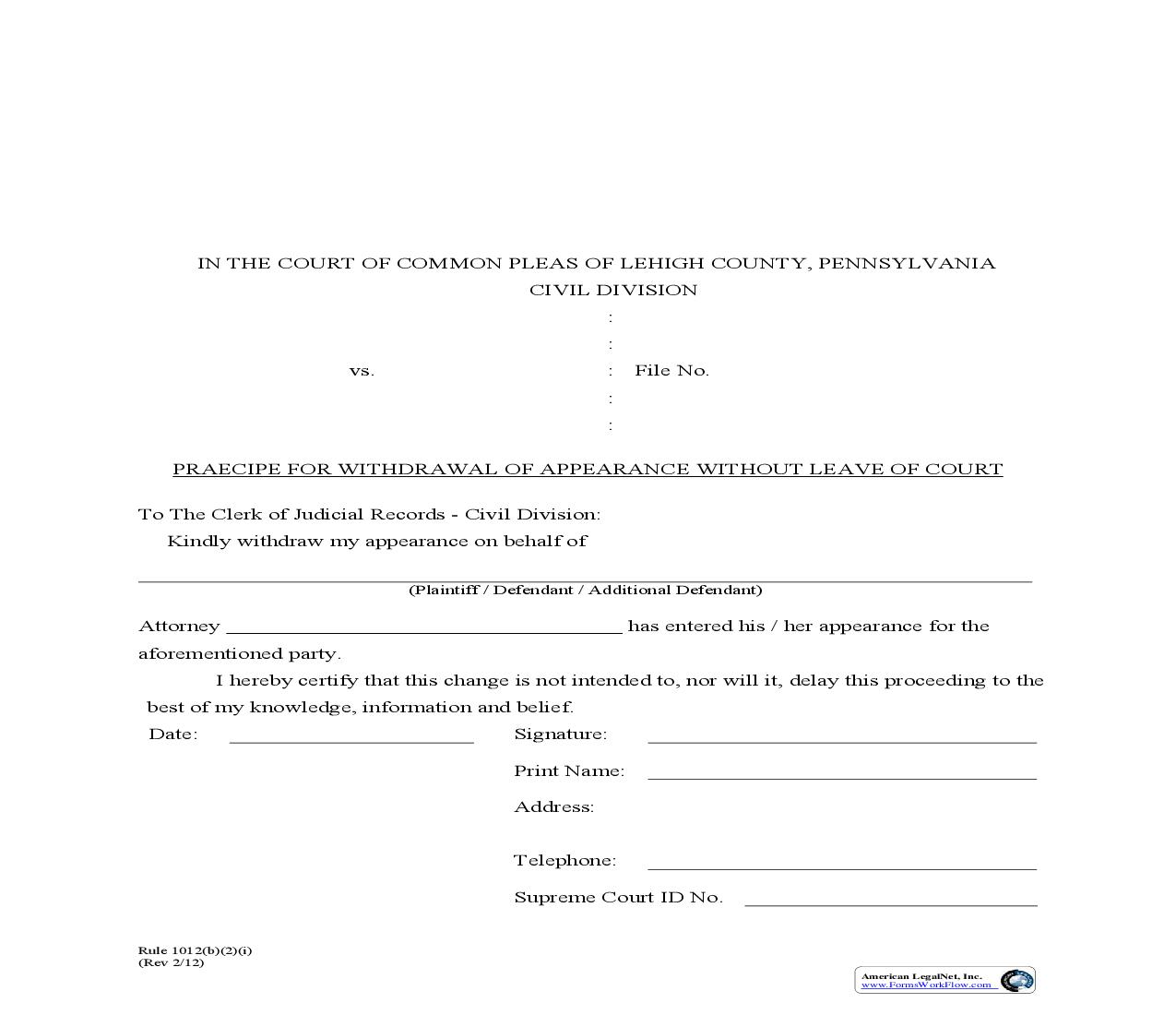 Praecipe For Withdrawal Of Appearance | Pdf Fpdf Doc Docx | Pennsylvania