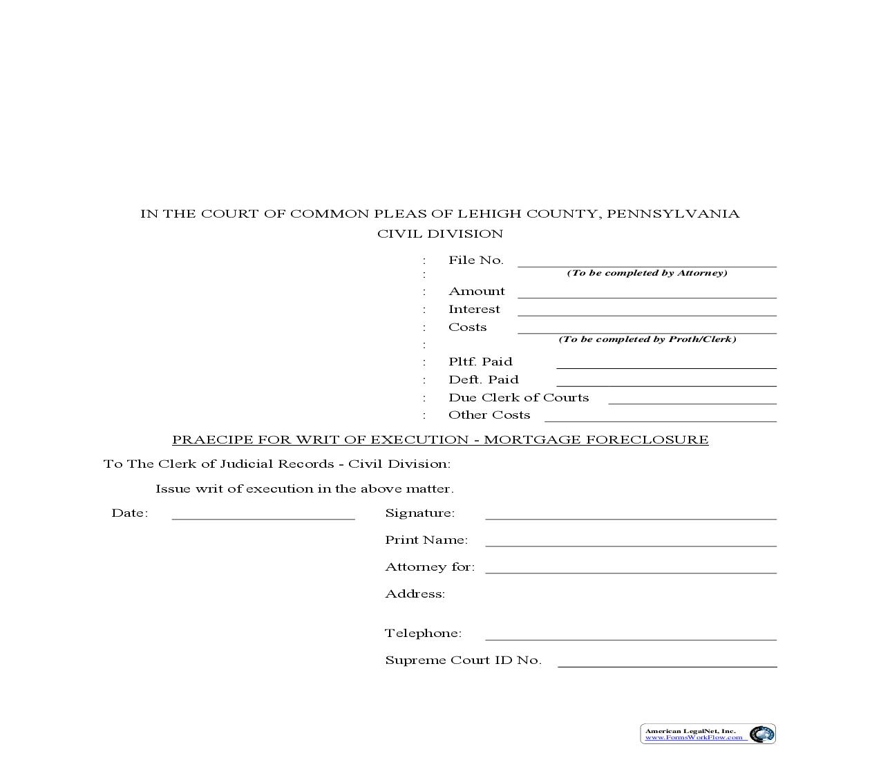 Praecipe For Writ Of Execution - Mortgage Foreclosure | Pdf Fpdf Doc Docx | Pennsylvania