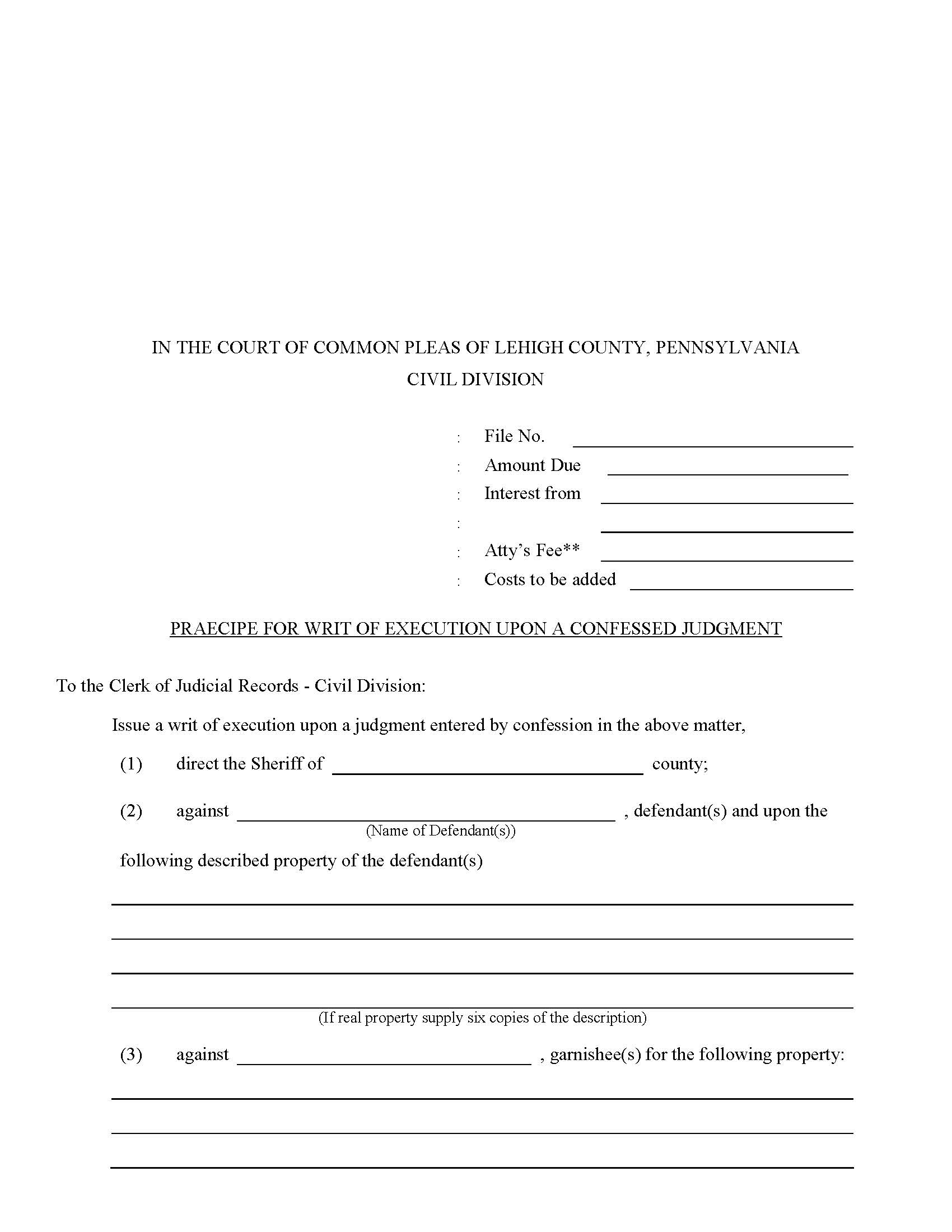 Praecipe For Writ Of Execution Upon Confesed Judgment | Pdf Fpdf Doc Docx | Pennsylvania