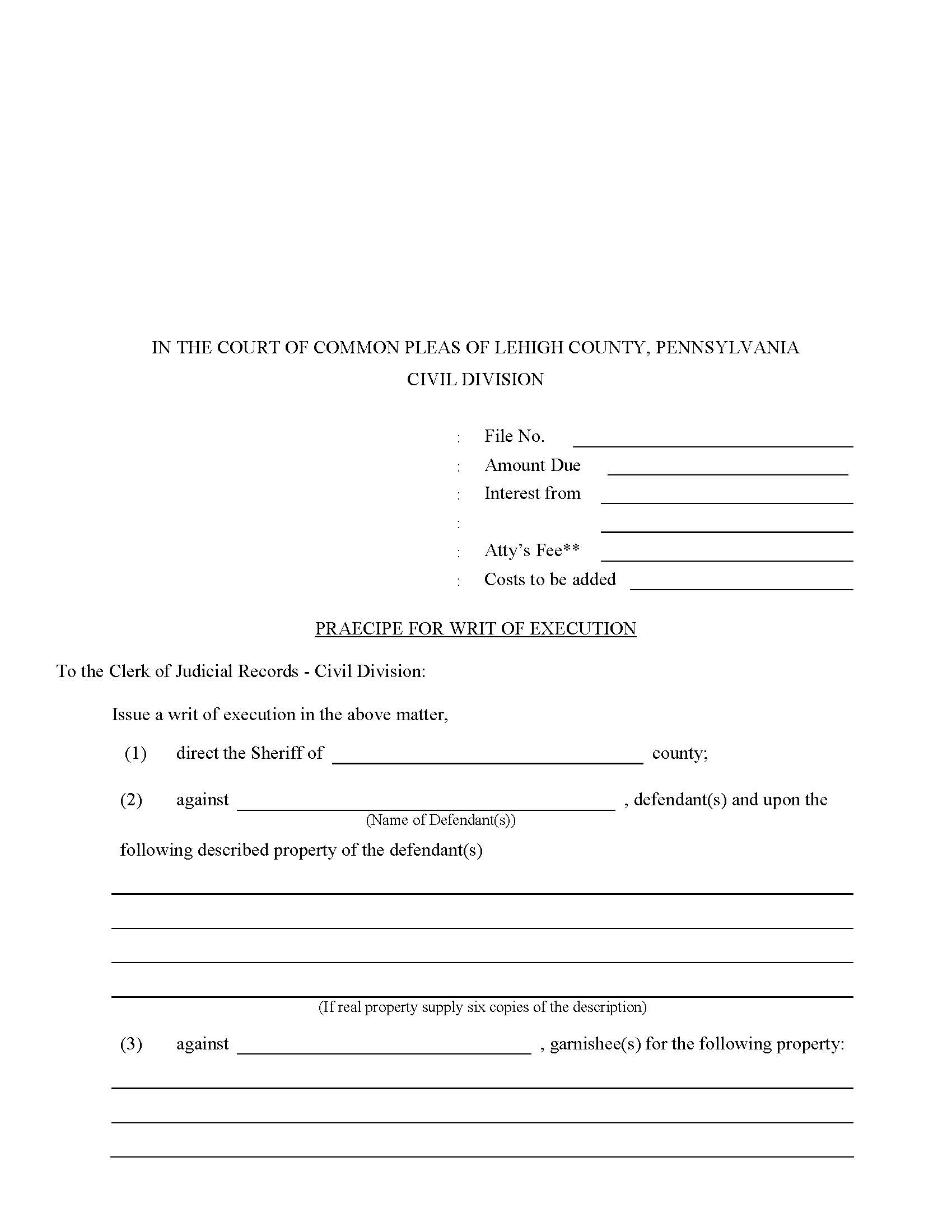 Praecipe For Writ Of Execution | Pdf Fpdf Doc Docx | Pennsylvania