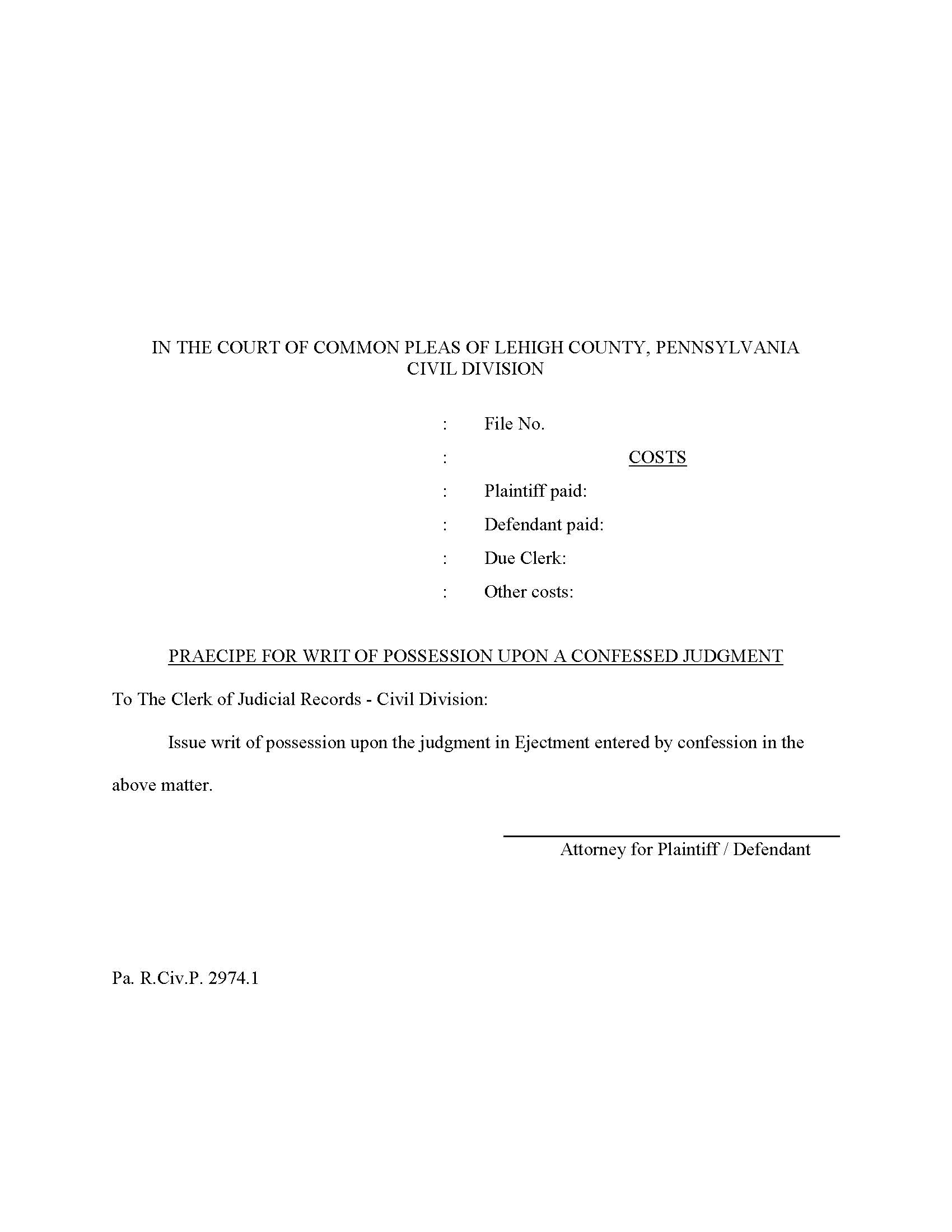 Praecipe For Writ Of Possession Upon A Confessed Judgment | Pdf Fpdf Doc Docx | Pennsylvania