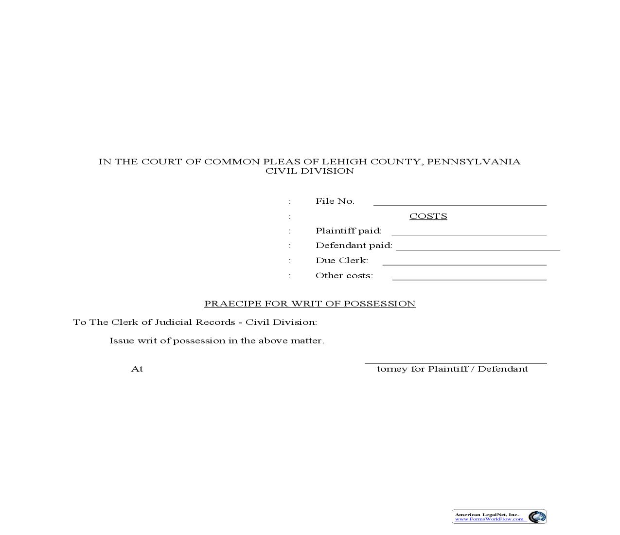 Praecipe For Writ Of Possession | Pdf Fpdf Doc Docx | Pennsylvania